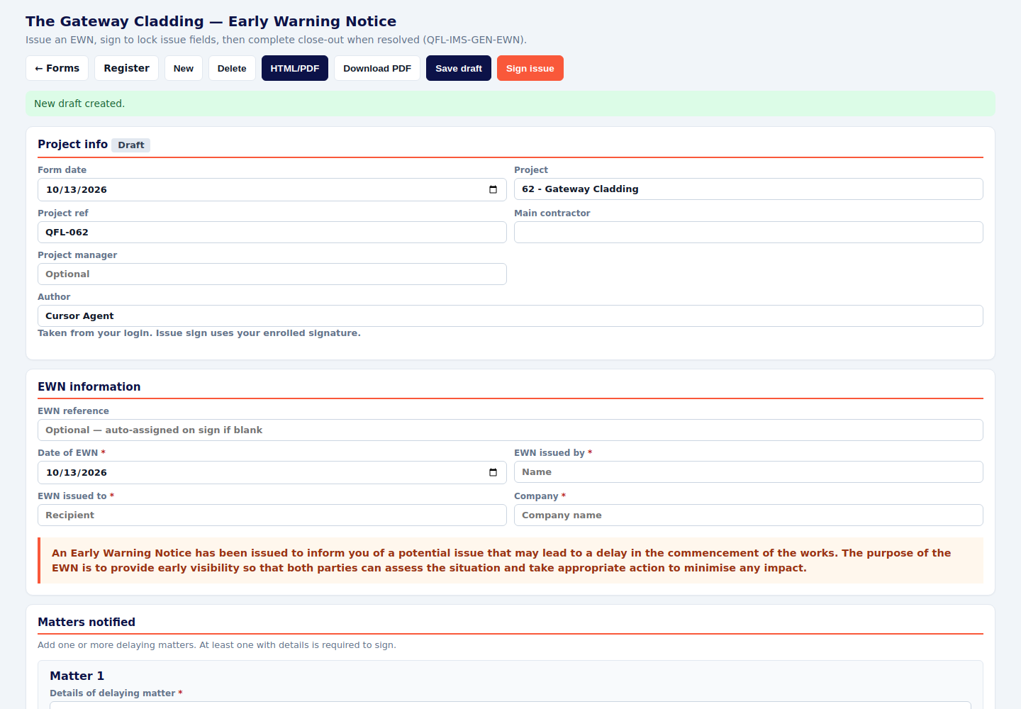 Early warning notice with issue fields and the first matter