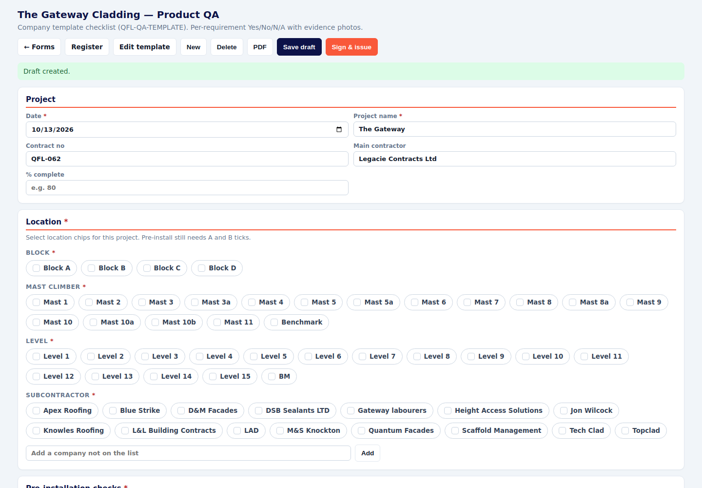 Product QA form with location chips for block, mast and level