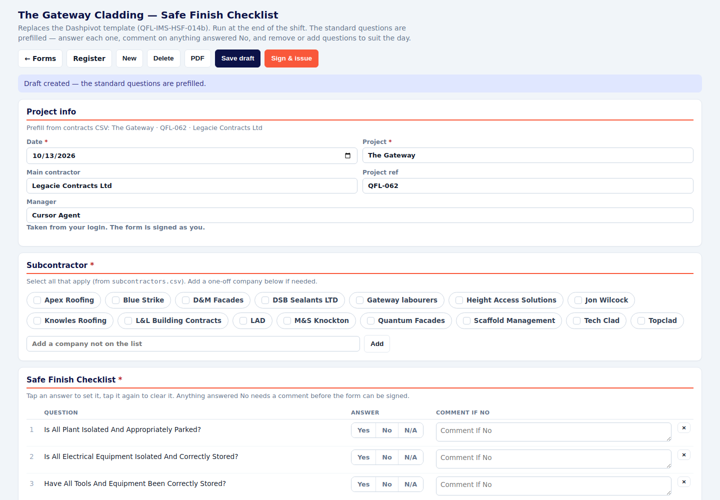 Safe finish checklist header and project fields